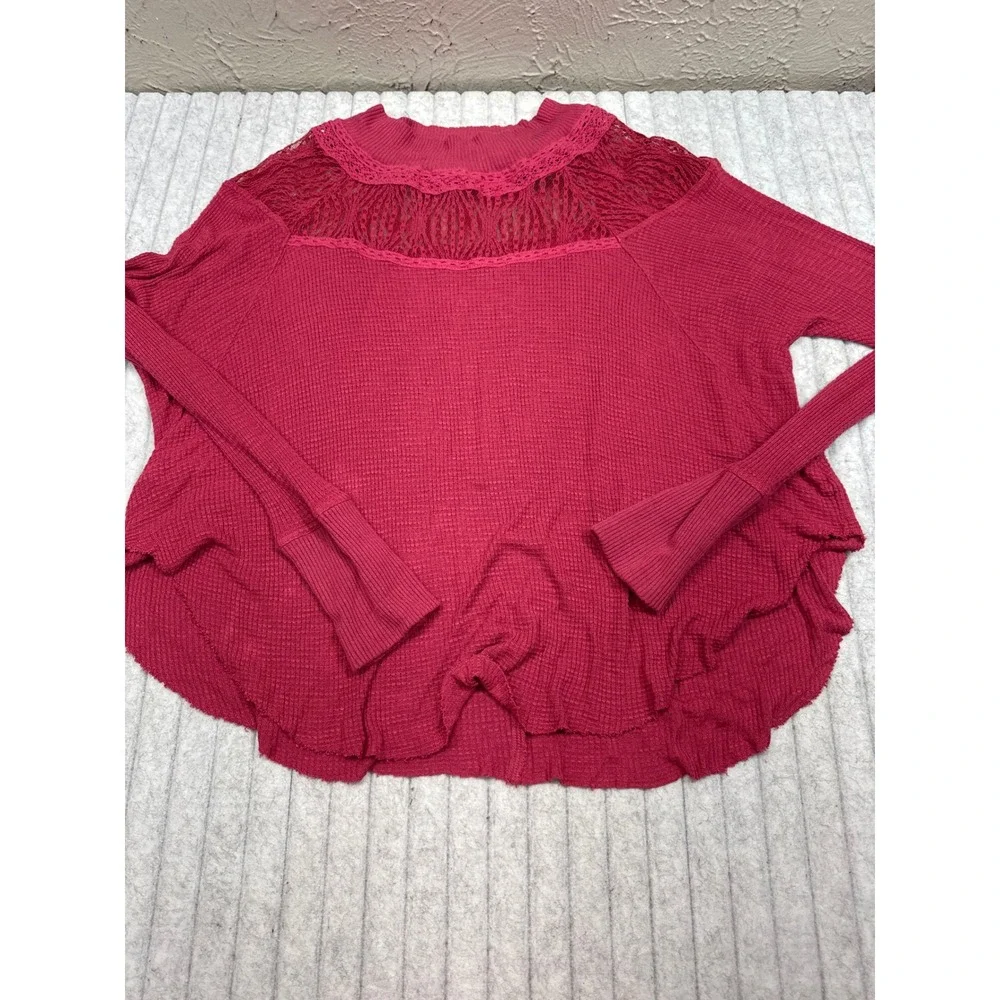 Free People Berry Pink Waffle Thermal Crochet Lace Mock Neck Top Womens XS